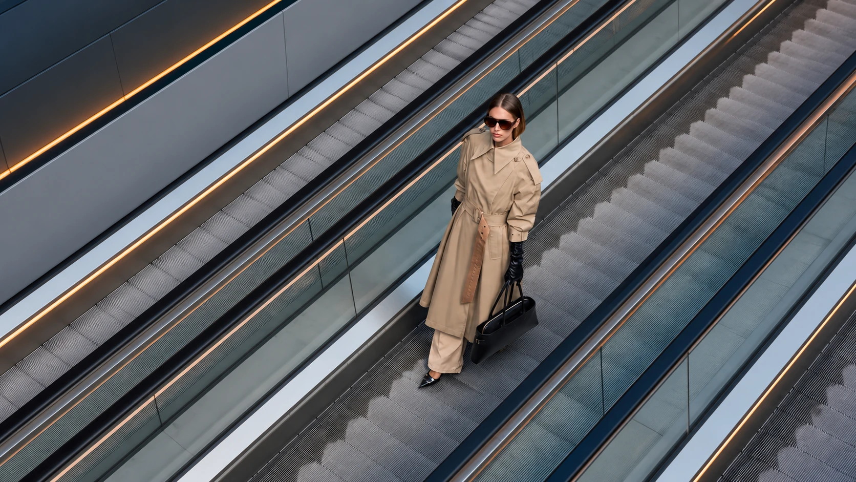 A woman riding an escalator