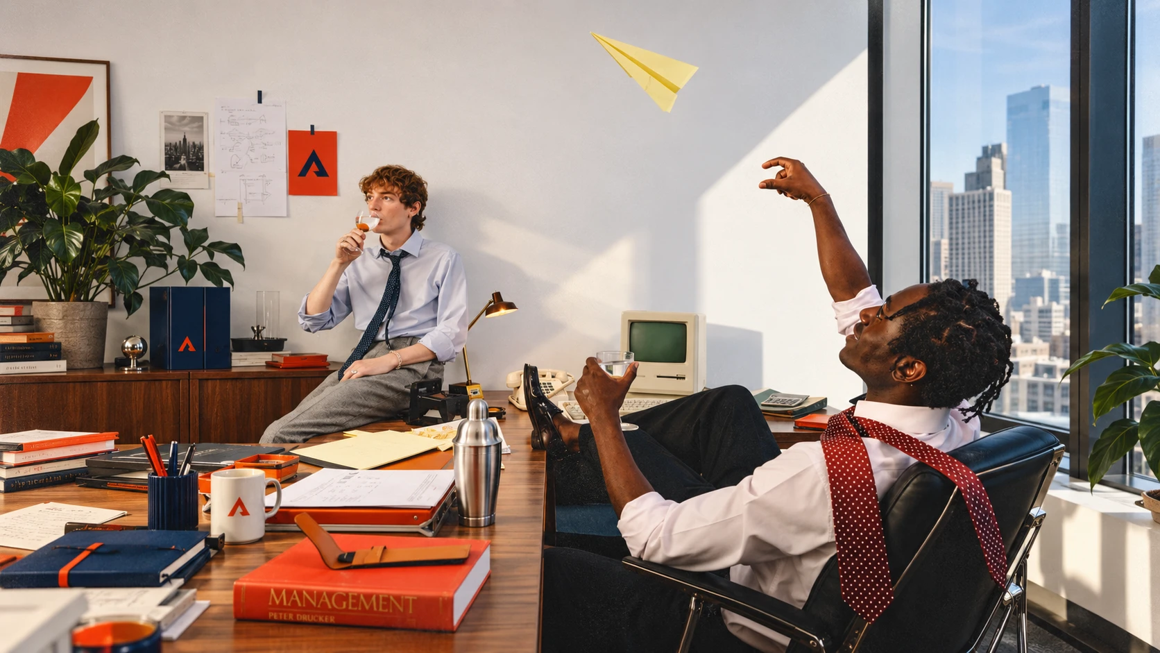 Two men relaxing in an office, one throwing a paper plane